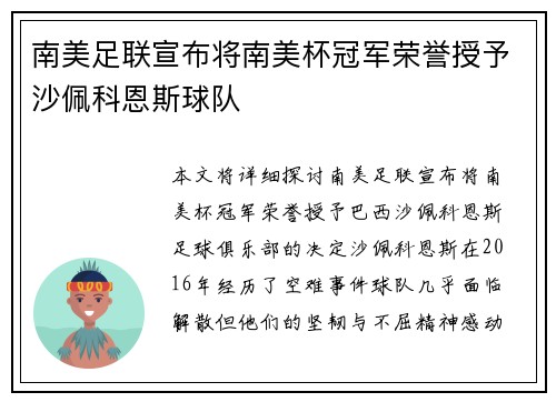 南美足联宣布将南美杯冠军荣誉授予沙佩科恩斯球队