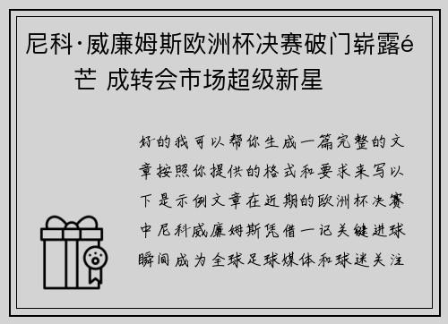尼科·威廉姆斯欧洲杯决赛破门崭露锋芒 成转会市场超级新星